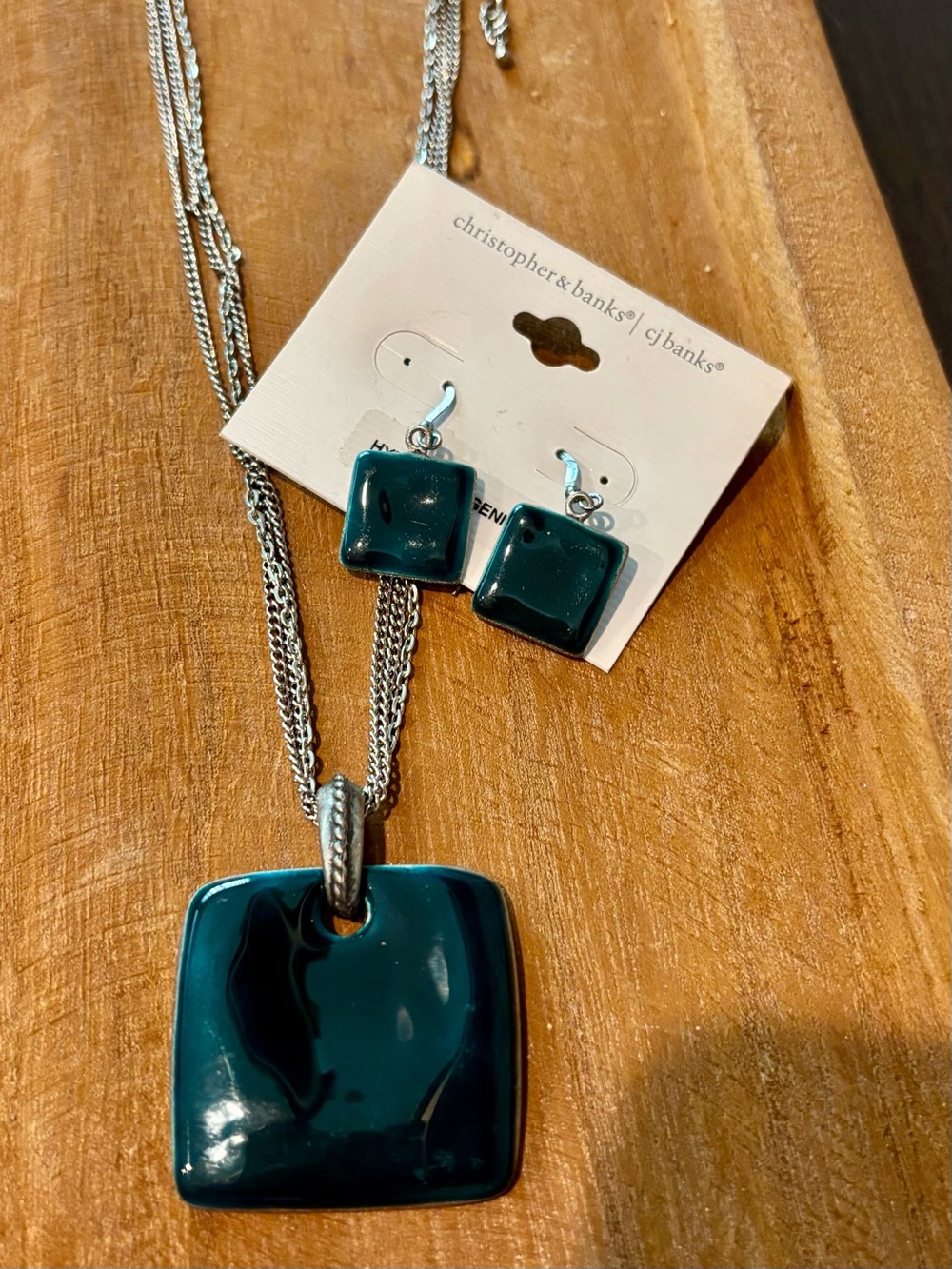 Christopher & Banks Deep Teal Square Pendant Necklace with Matching Earrings